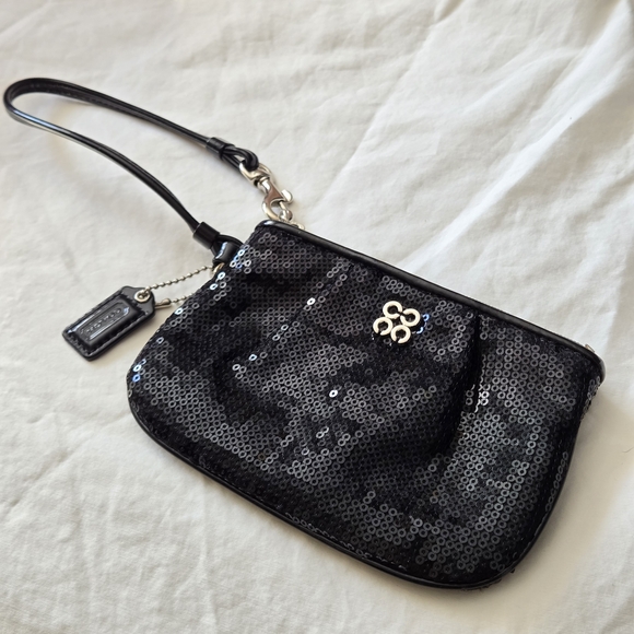 Coach Handbags - Coach Black Sequin Wristlet Op Art Signature Logo